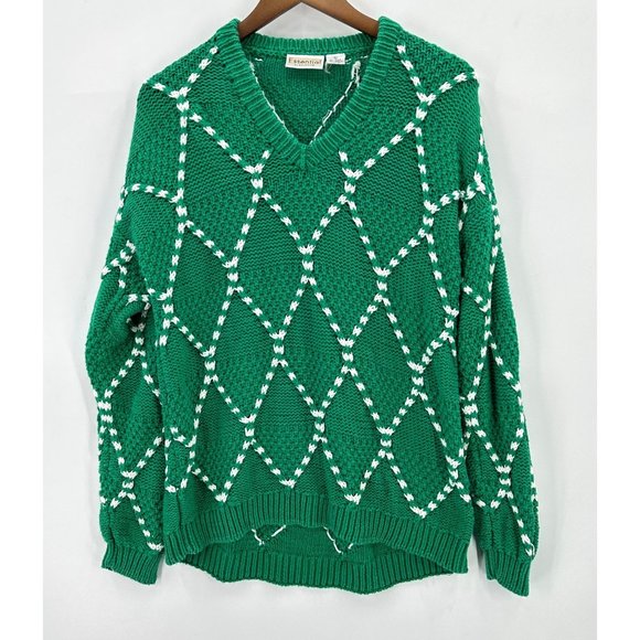 Essential Elements Sweater Womens Knit Pullover V- Neck Rhombus Green White L - Picture 1 of 10